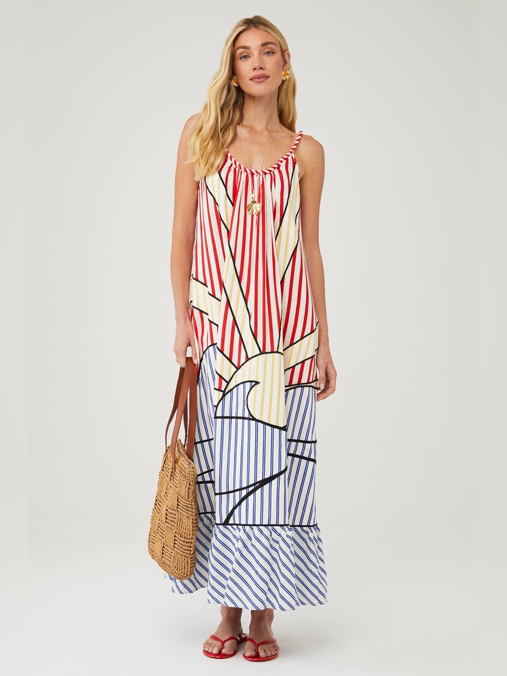 NWT FARM RIO Navy Stripes Off-White Maxi Dress | Navy/Red/White $298 Oversized